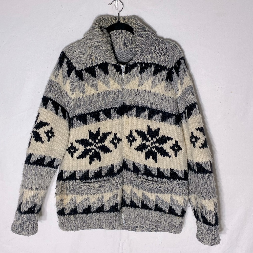 Vintage Handmade Hand Knit Zip Front Shawl Collar Cardigan Cowichan Sweater S